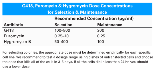 G418, Hygromycin B, and Puromycin